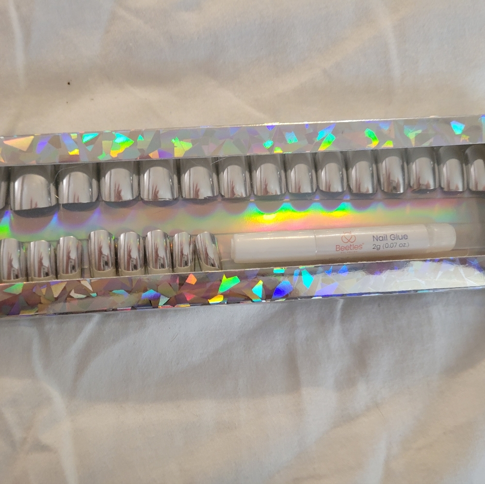 SILVER CHROME MIRROR PRESS ON GLUE ON NAILS 💅 SALON QUALITY GLUE & FILE - Picture 11 of 14